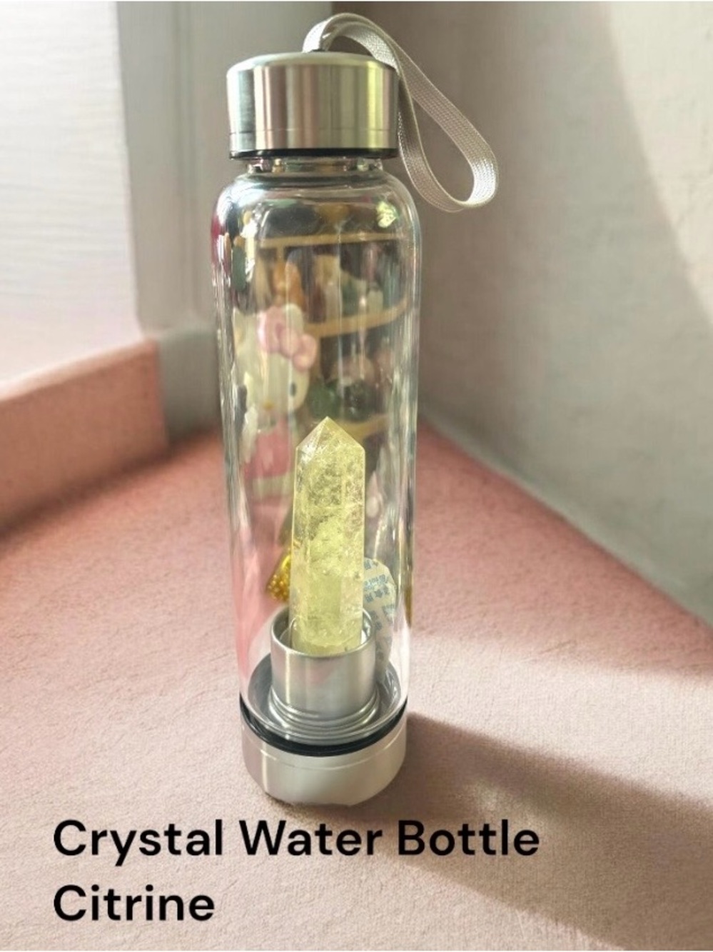 Citrine Crystal Infused Glass Water Bottle - Clear 10 inches X 8.5 inches